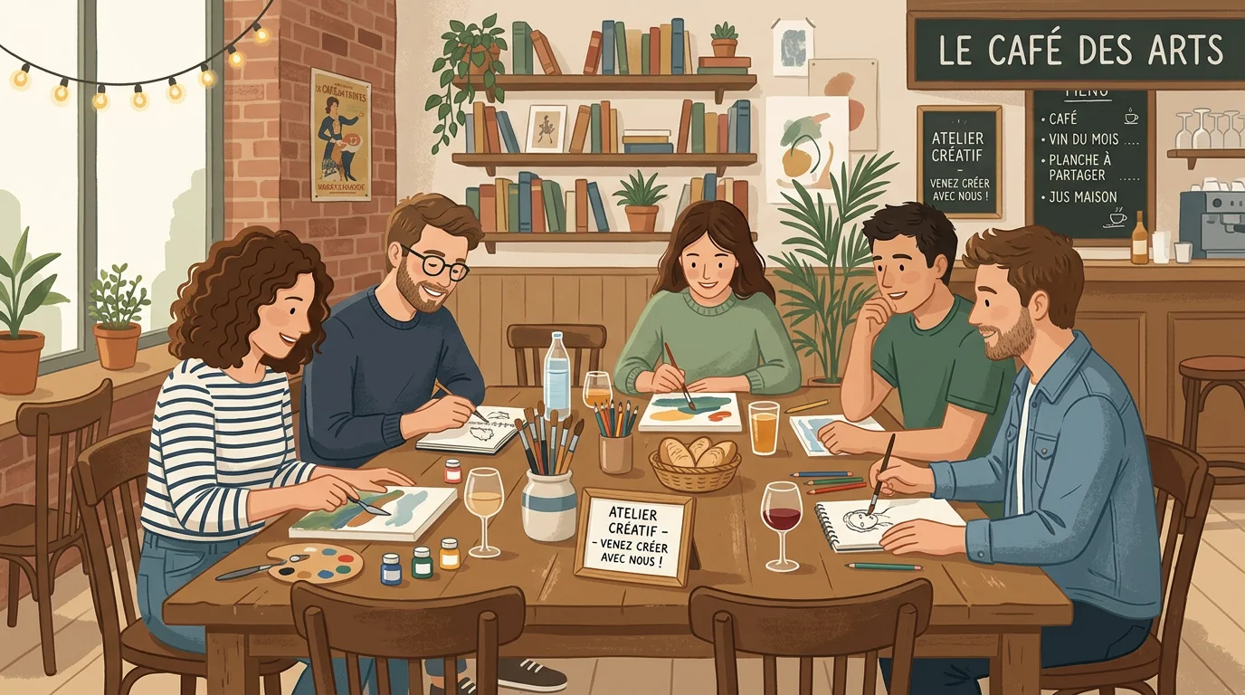 Groupe d'amis peignant ensemble dans un bar à dessin convivial