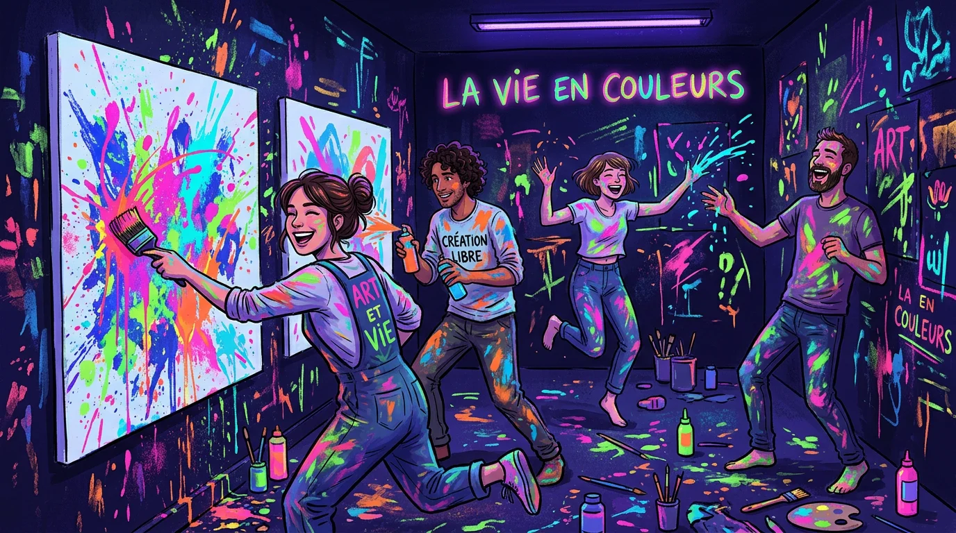 Séance d'action painting immersive avec peinture fluorescente et lumière noire