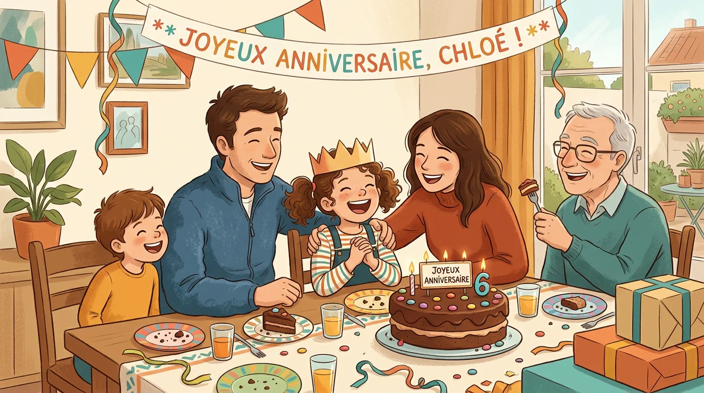 Famille européenne fêtant un anniversaire d'enfant avec gâteau et décorations
