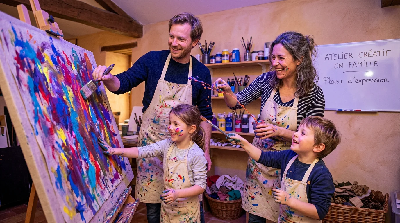Famille européenne peignant ensemble lors d'un atelier de peinture immersif