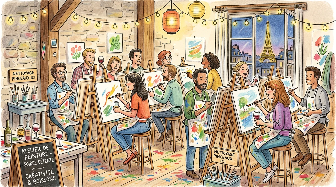 Illustration d'un atelier drink and paint convivial à Paris avec un groupe peignant un verre à la main