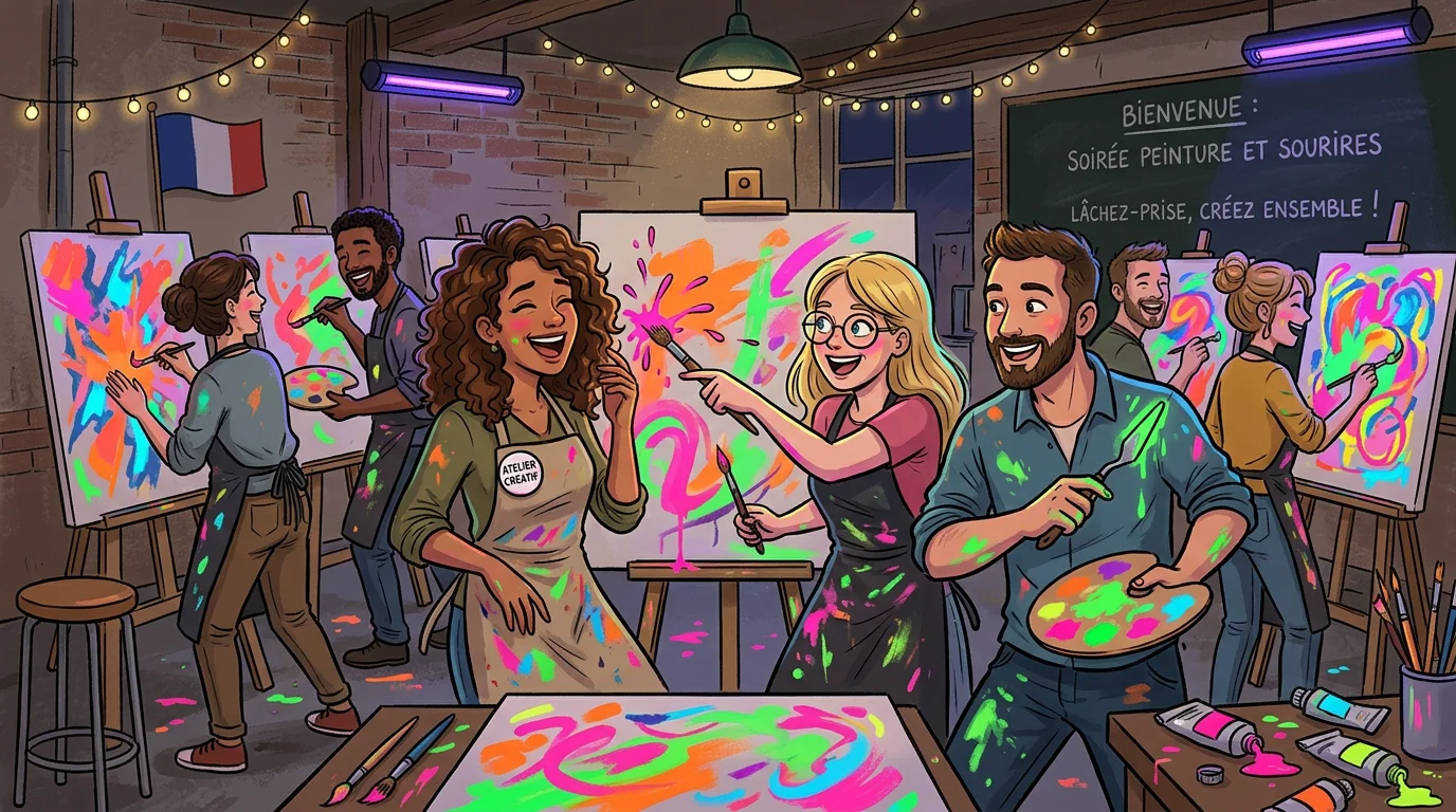 Illustration d'un team building peinture immersif avec couleurs fluorescentes sous lumière tamisée