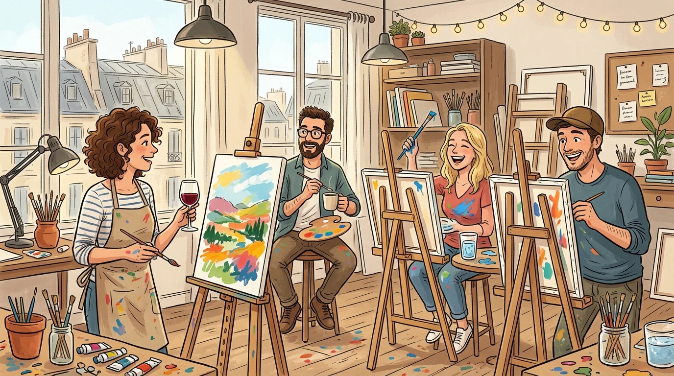 Illustration d'un groupe d'amis peignant sur toile un verre à la main dans un atelier convivial