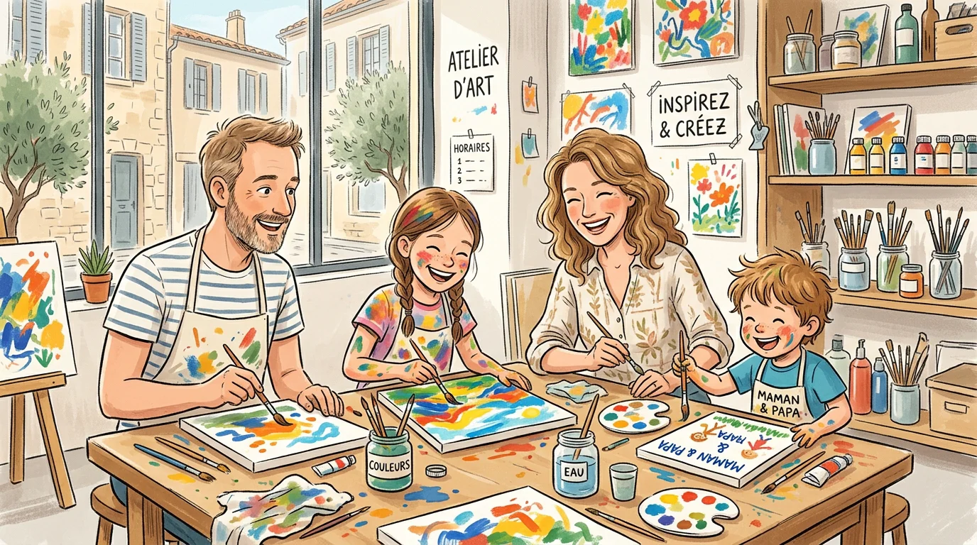 Famille européenne participant à un atelier de peinture à Paris