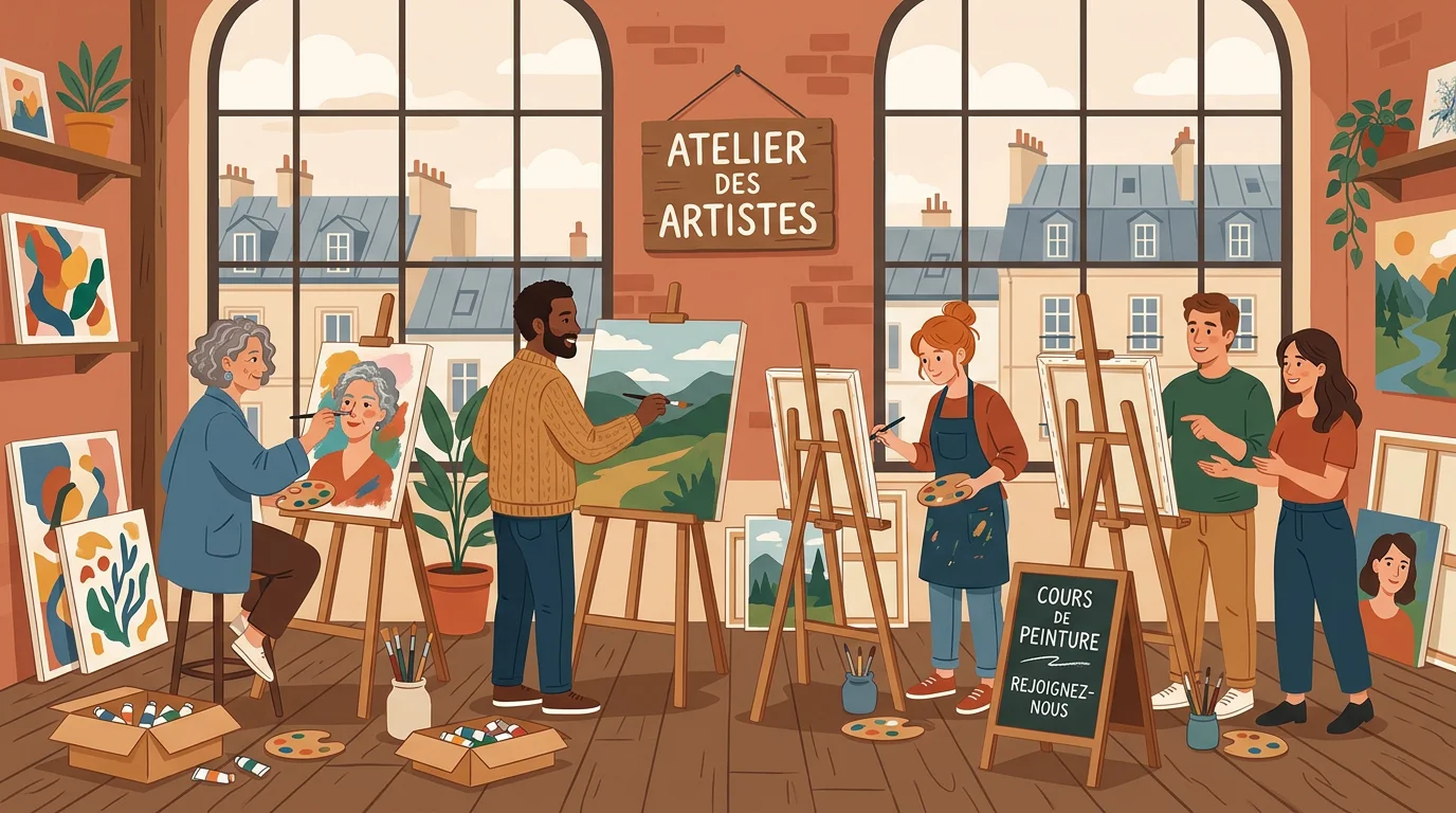 Adultes peignant ensemble dans un atelier lumineux à Paris