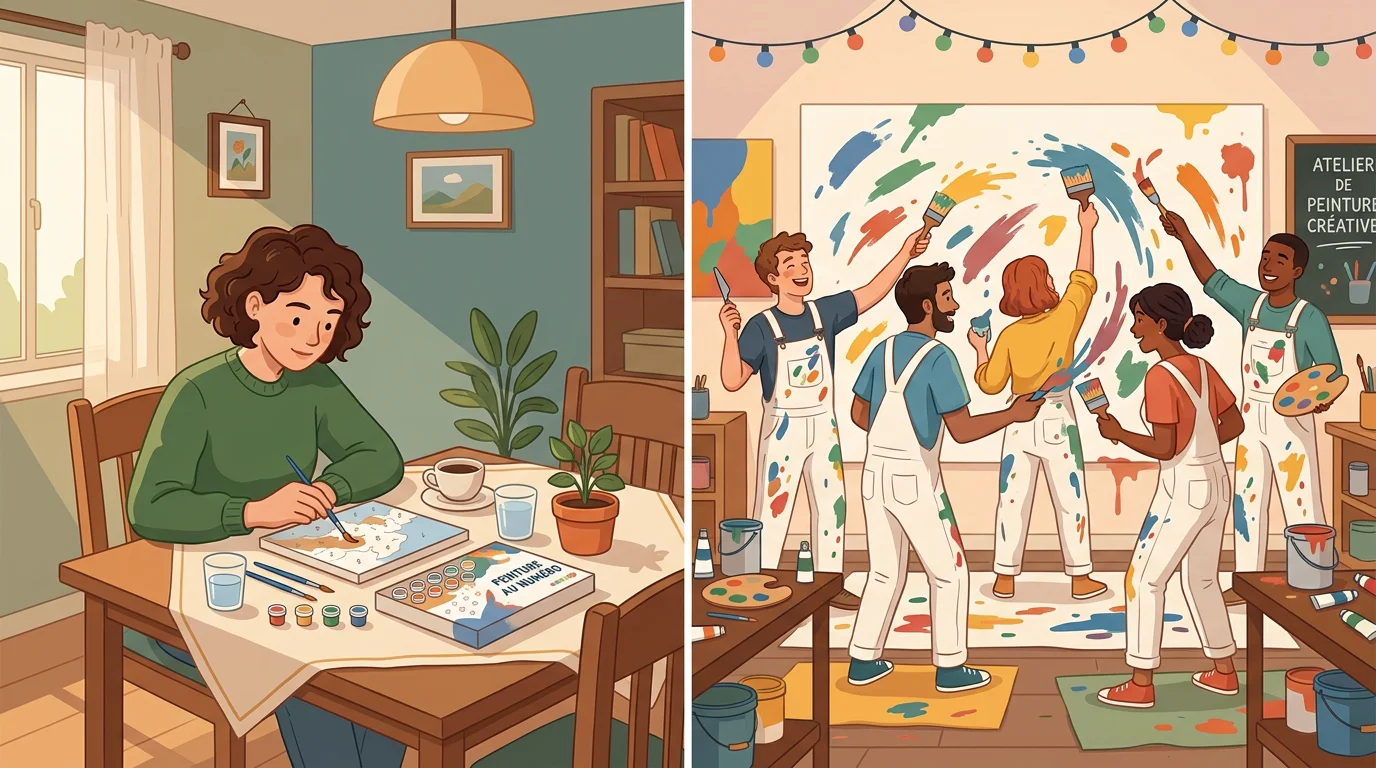 Personne fière de sa toile dans un atelier de peinture immersif à Paris