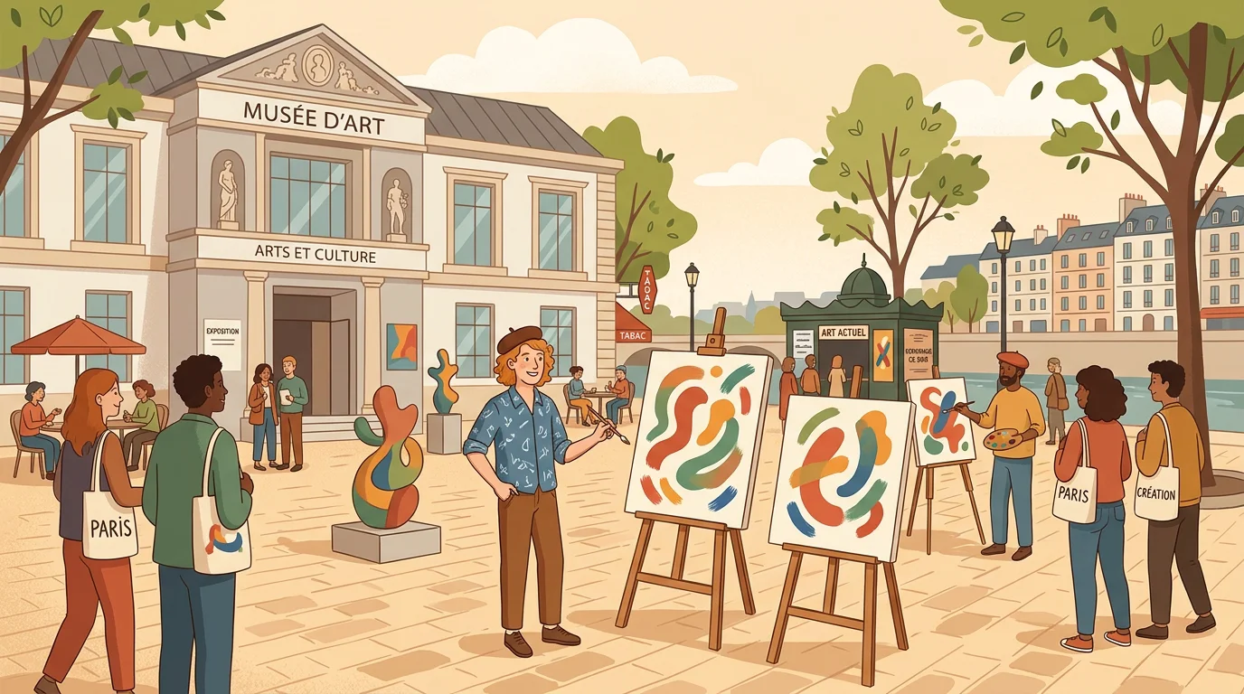 Illustration d'une exposition de peinture à Paris avec un visiteur tenant un pinceau