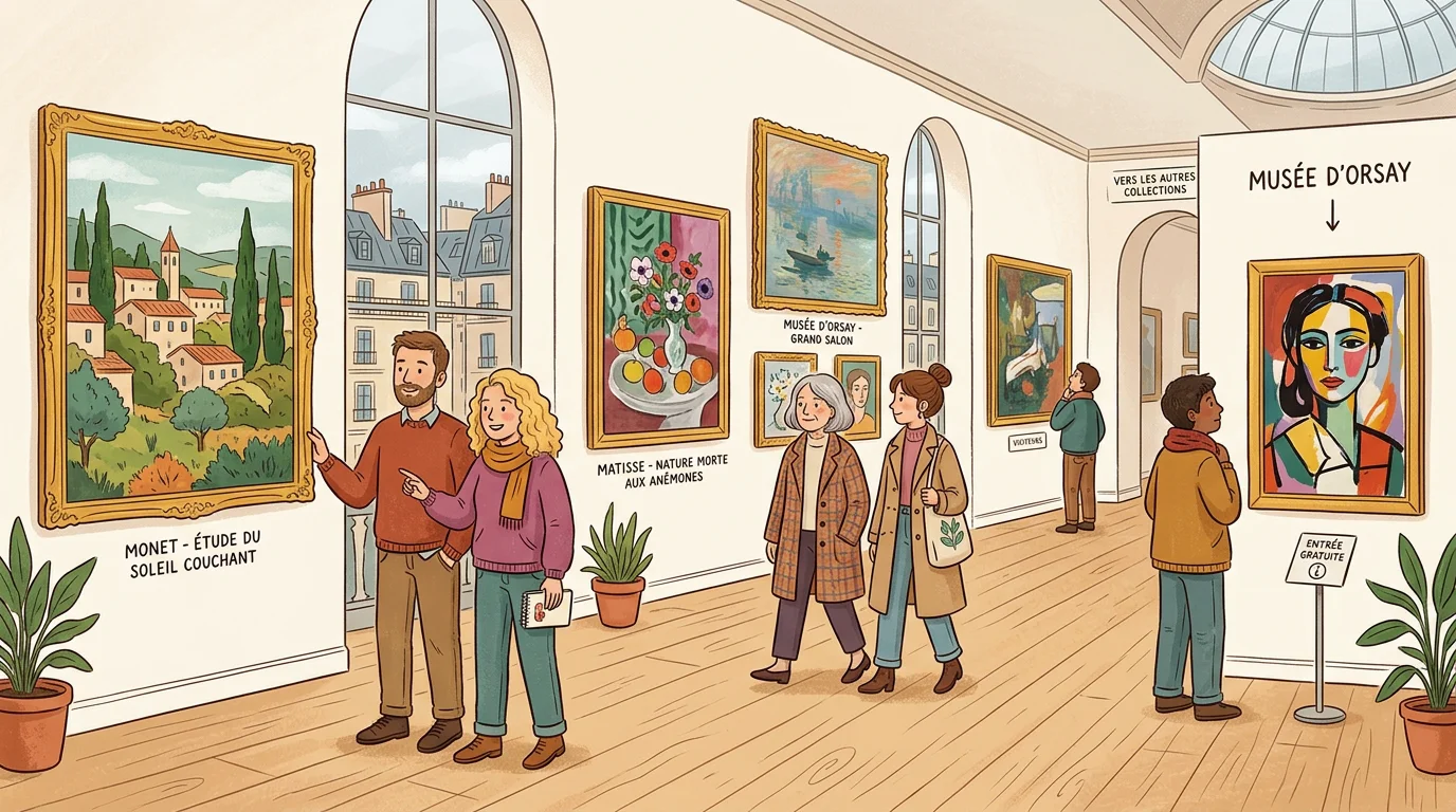 Illustration de visiteurs découvrant des tableaux dans un musée parisien