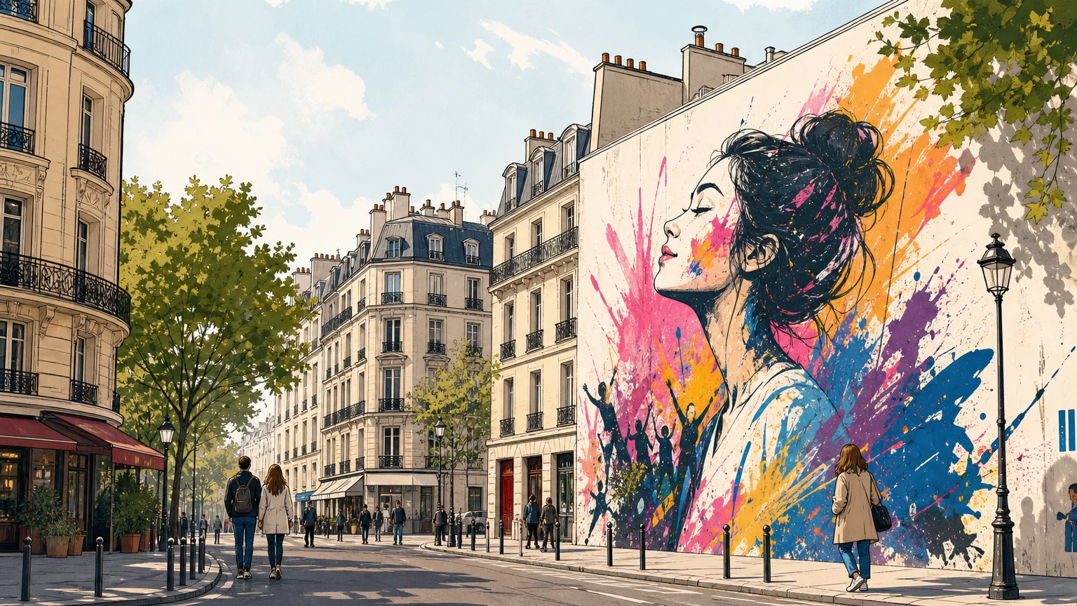 Fresque de street art dans une rue parisienne illustrée