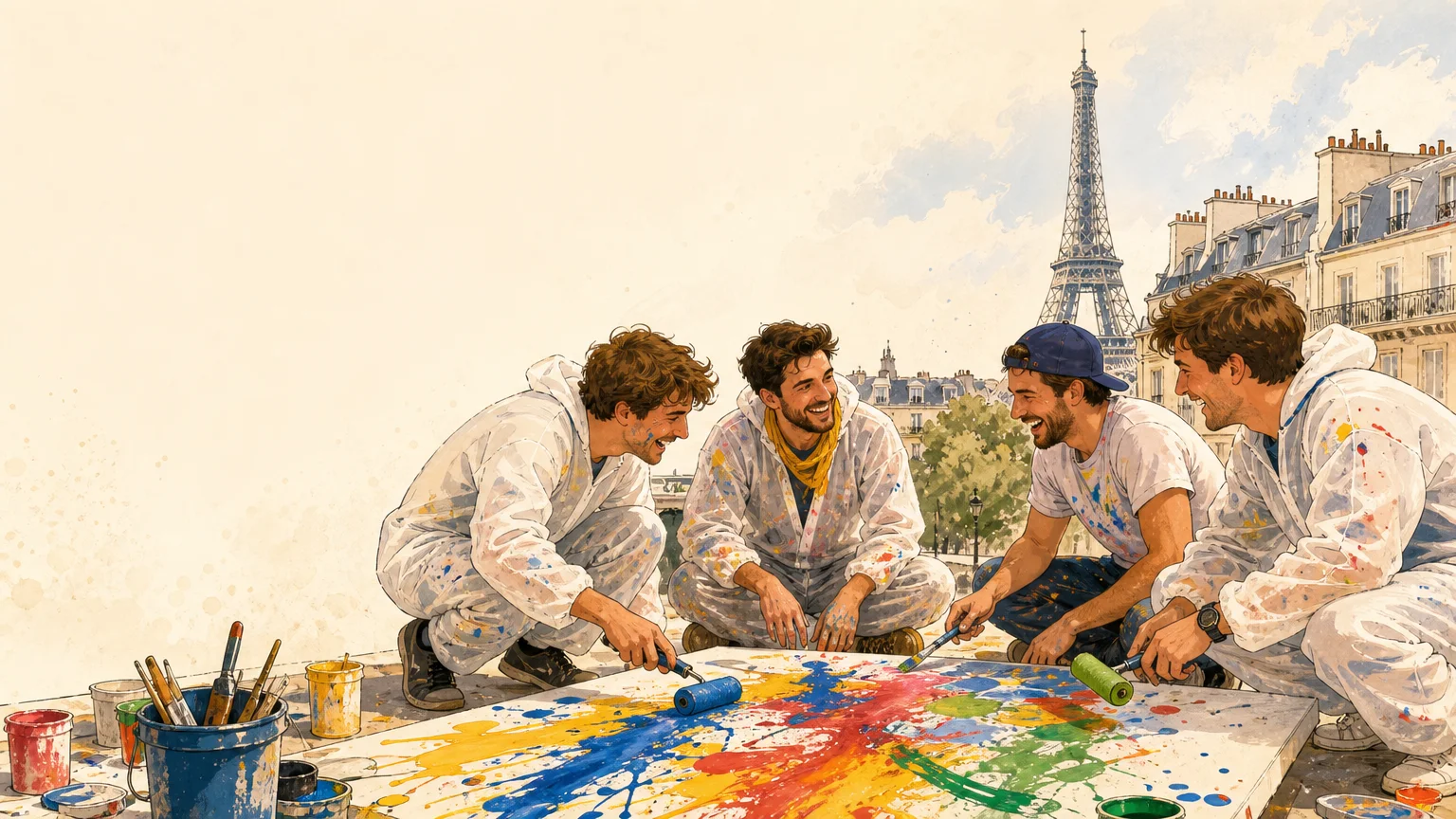 Illustration d’un groupe d’amis européens réalisant une activité d’EVG à Paris