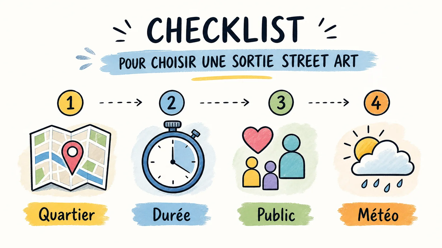 Checklist illustrée pour préparer une sortie street art