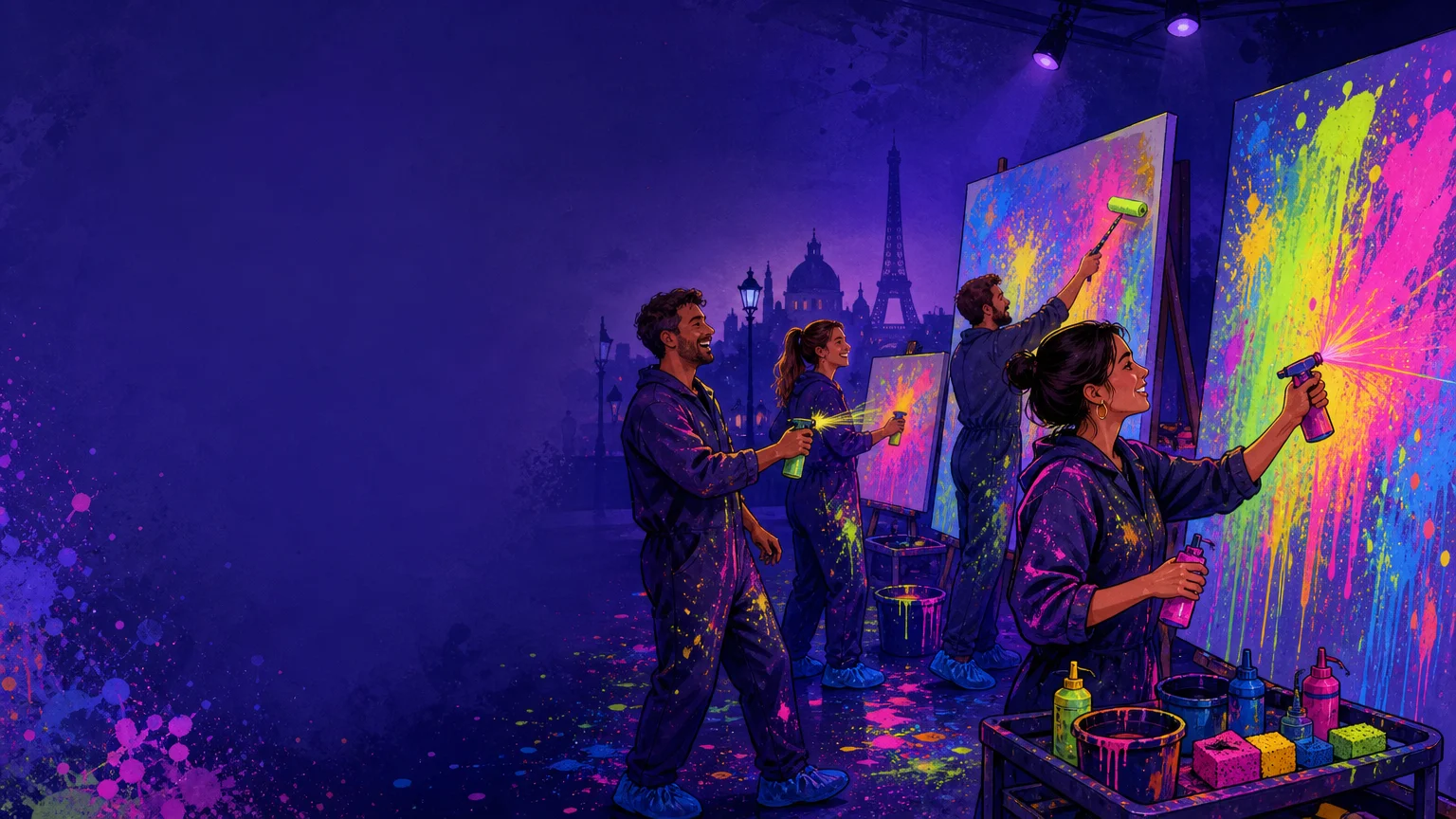 Équipe européenne peignant avec des couleurs fluorescentes lors d’un team building artistique à Paris