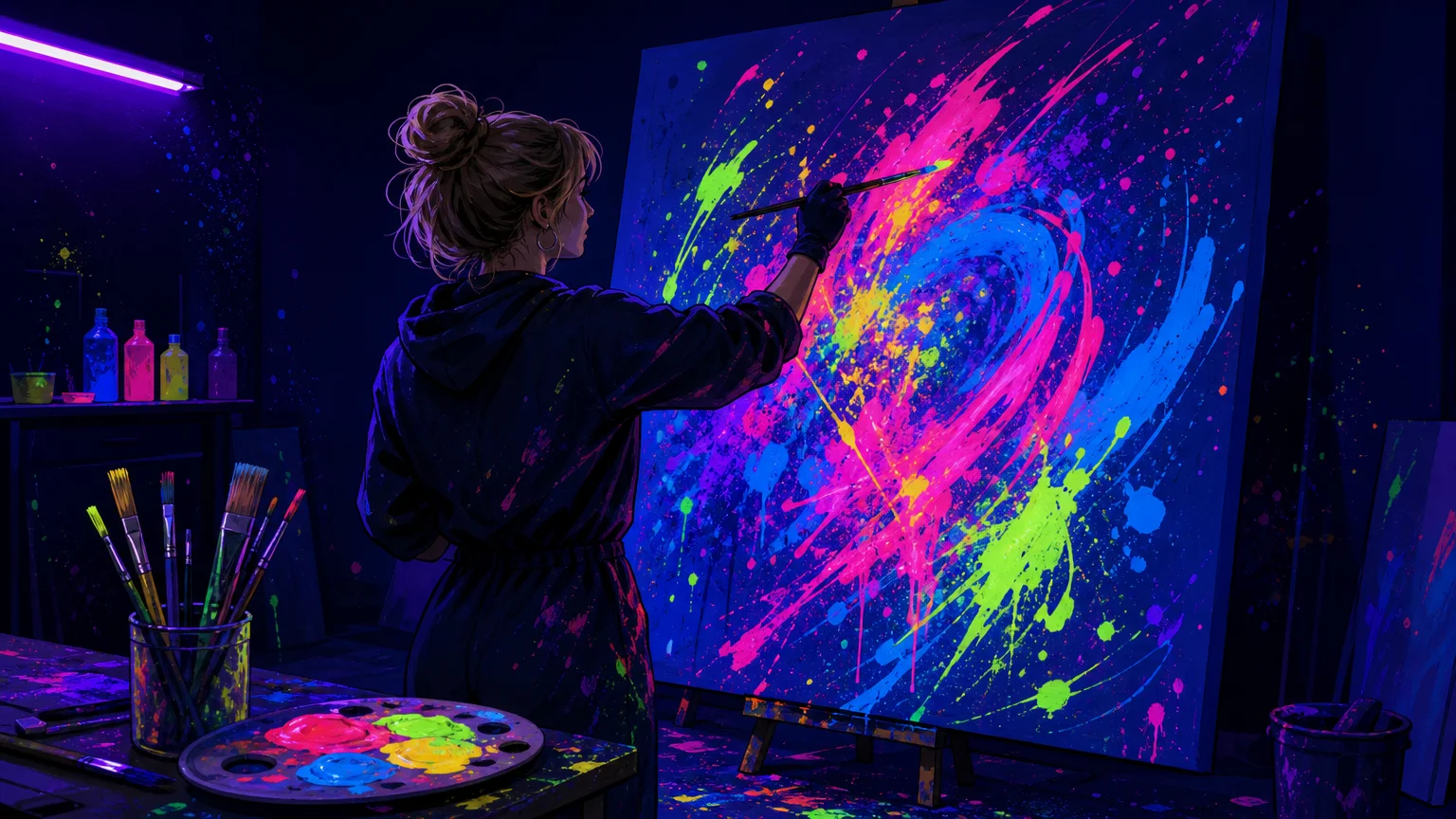 Illustration d’une personne peignant une toile fluorescente sous lumière noire
