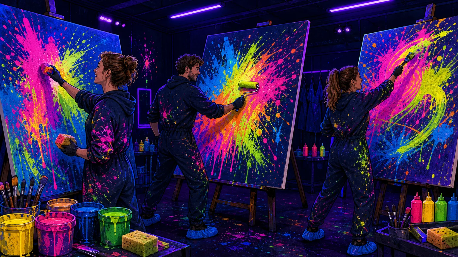 Illustration d’un atelier de peinture fluorescente sous lumière noire