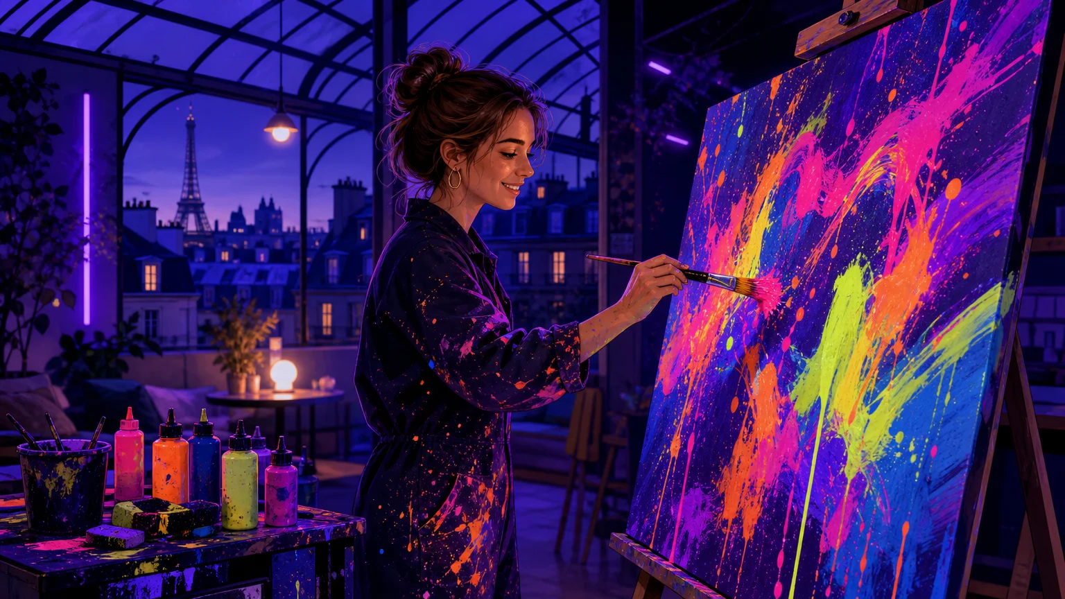 Atelier de peinture créatif à Paris avec une toile colorée et des éclaboussures fluorescentes