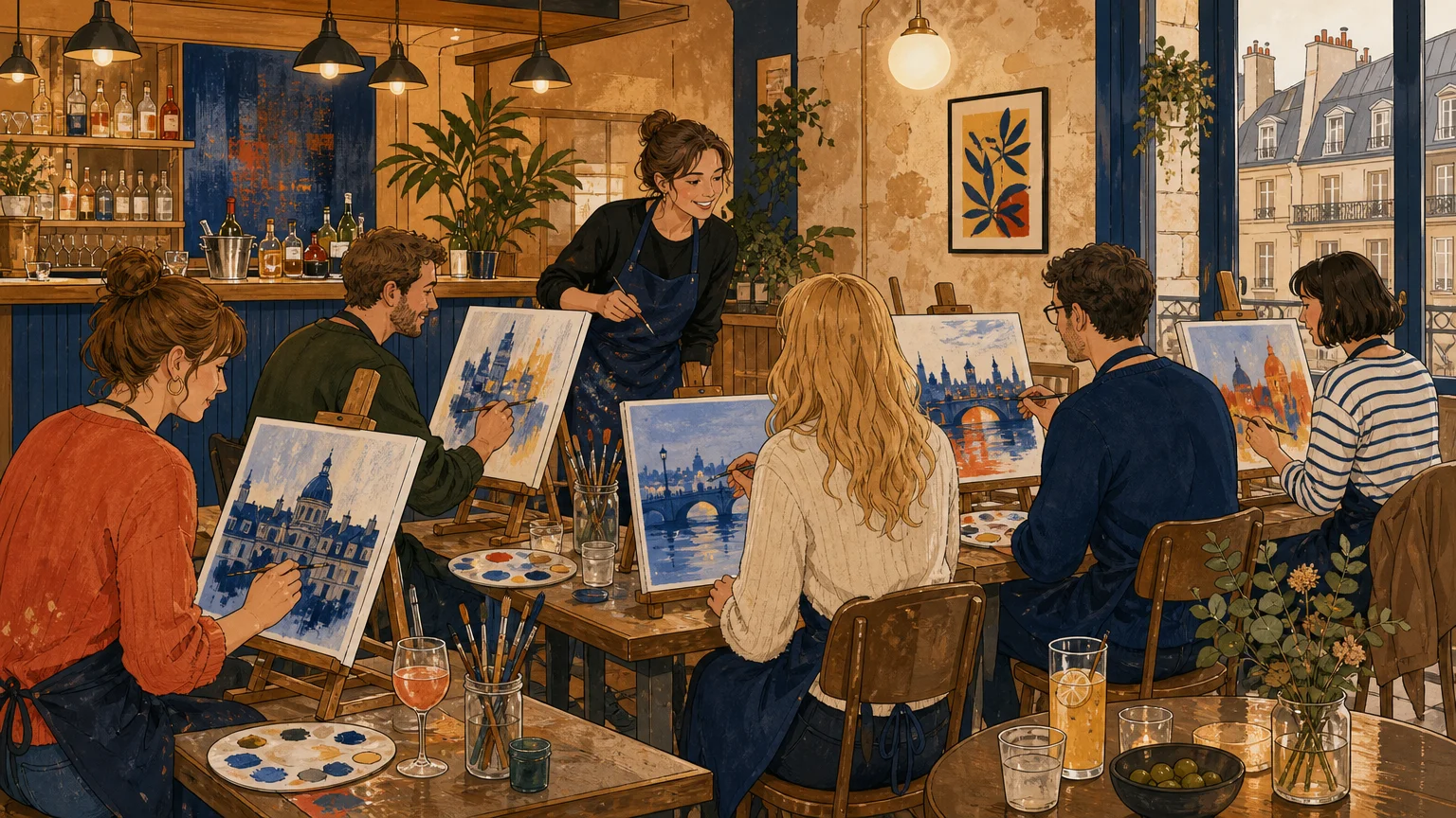 Atelier de peinture convivial guidé dans un bar parisien