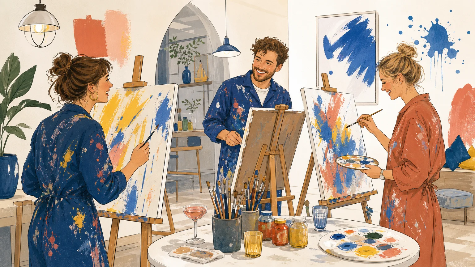 Participants européens créant des toiles pendant un apéro peinture à Paris
