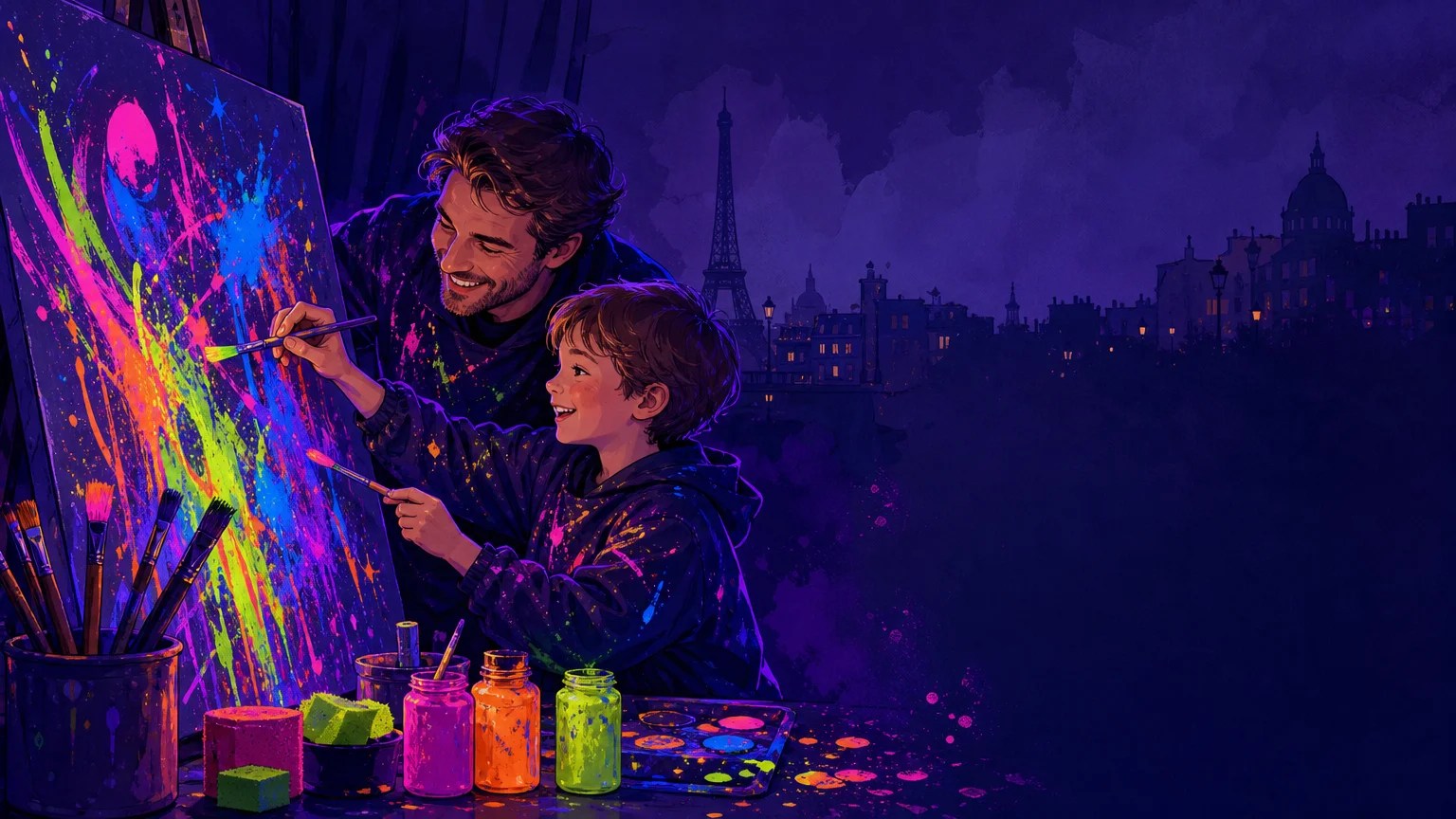 Enfant et parent peignant une toile fluorescente à Paris