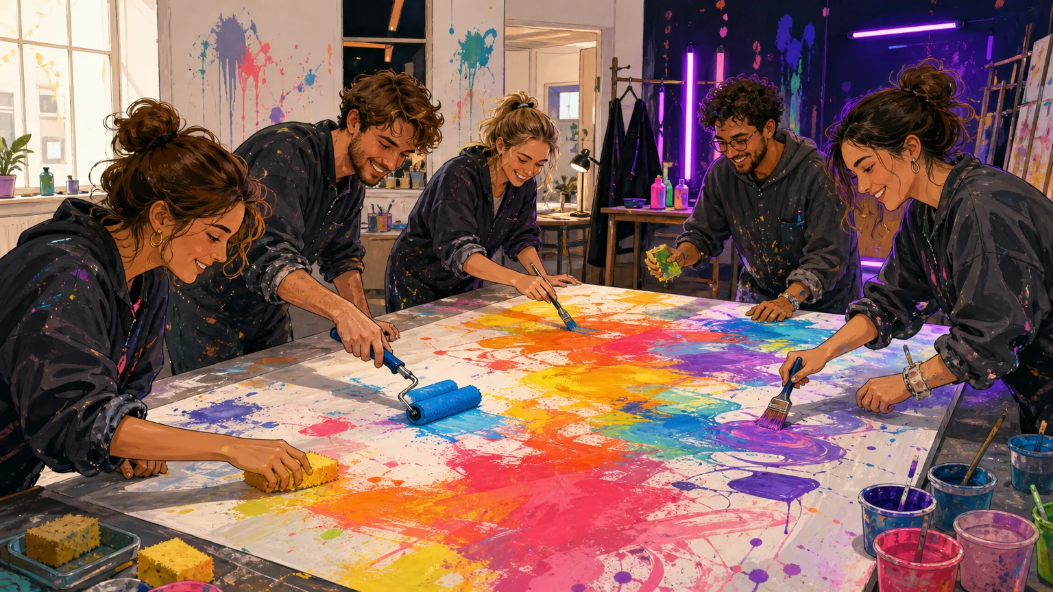 Équipe européenne réalisant une création artistique collective en atelier immersif