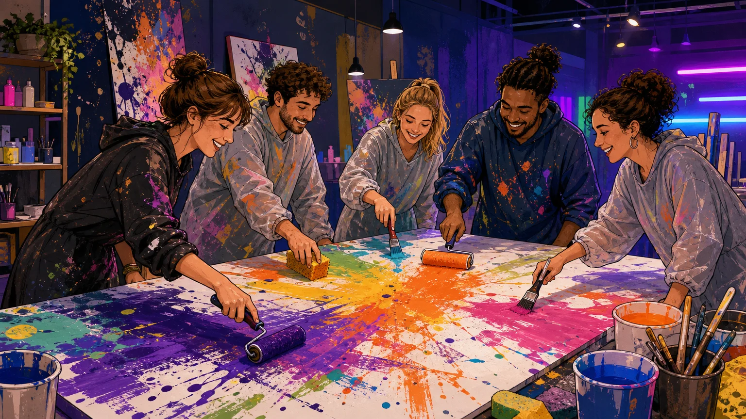 Équipe européenne réalisant une création artistique collective en atelier immersif