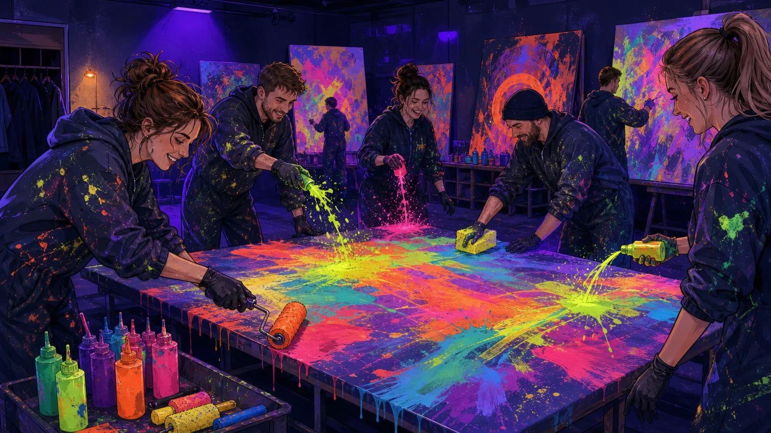 Groupe d’adultes créant une toile collective dans une expérience de peinture immersive