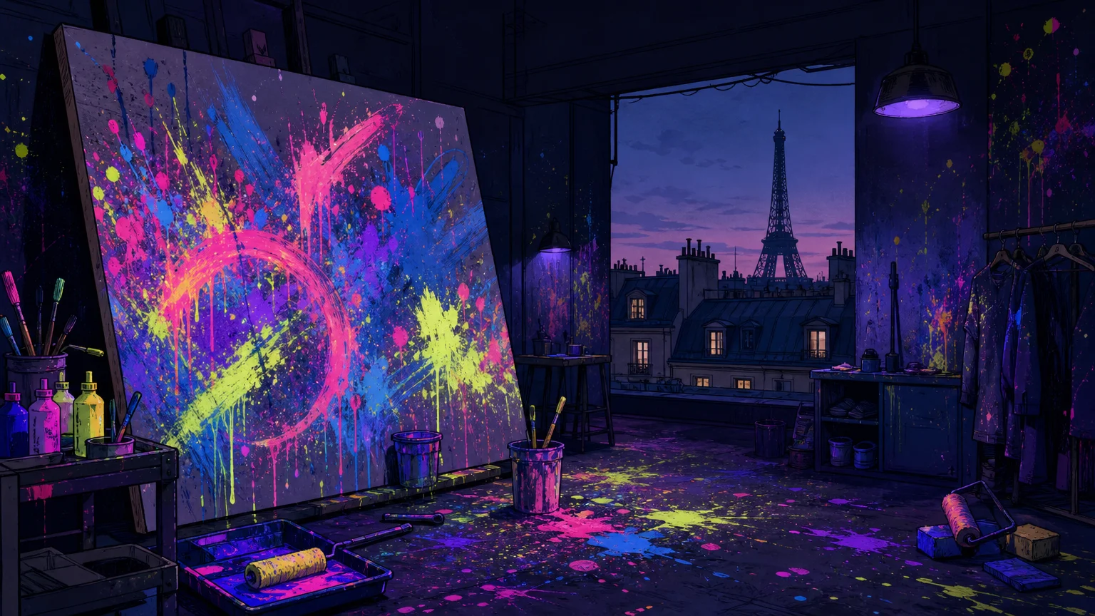 Toile fluorescente dans un univers artistique immersif inspiré de Paris