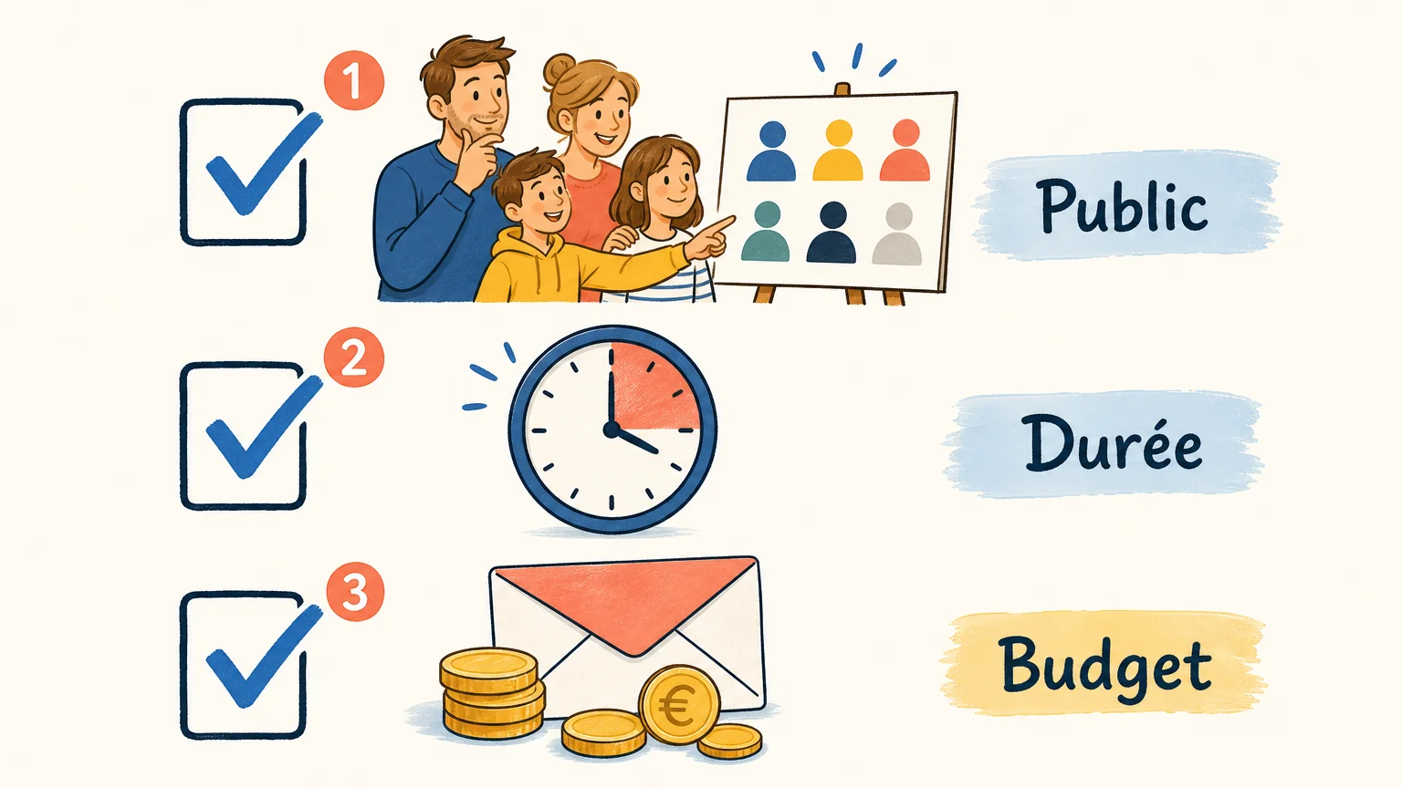 Checklist illustrée pour choisir une expérience immersive selon le public, la durée et le budget
