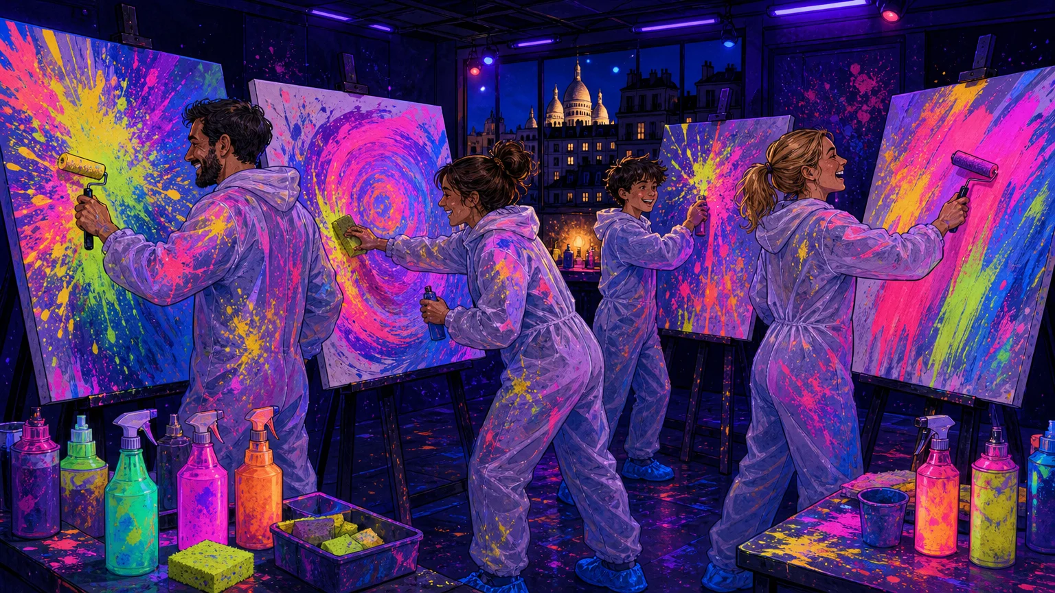 Participants créant des toiles fluorescentes dans un atelier artistique immersif à Paris