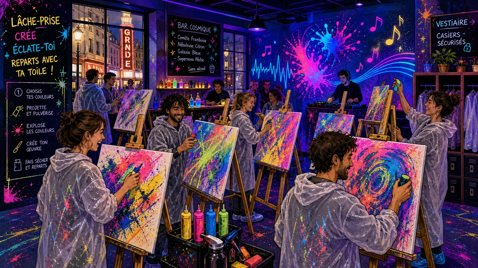 Groupe d’adultes participant à une activité de peinture immersive lors d’un événement à Paris