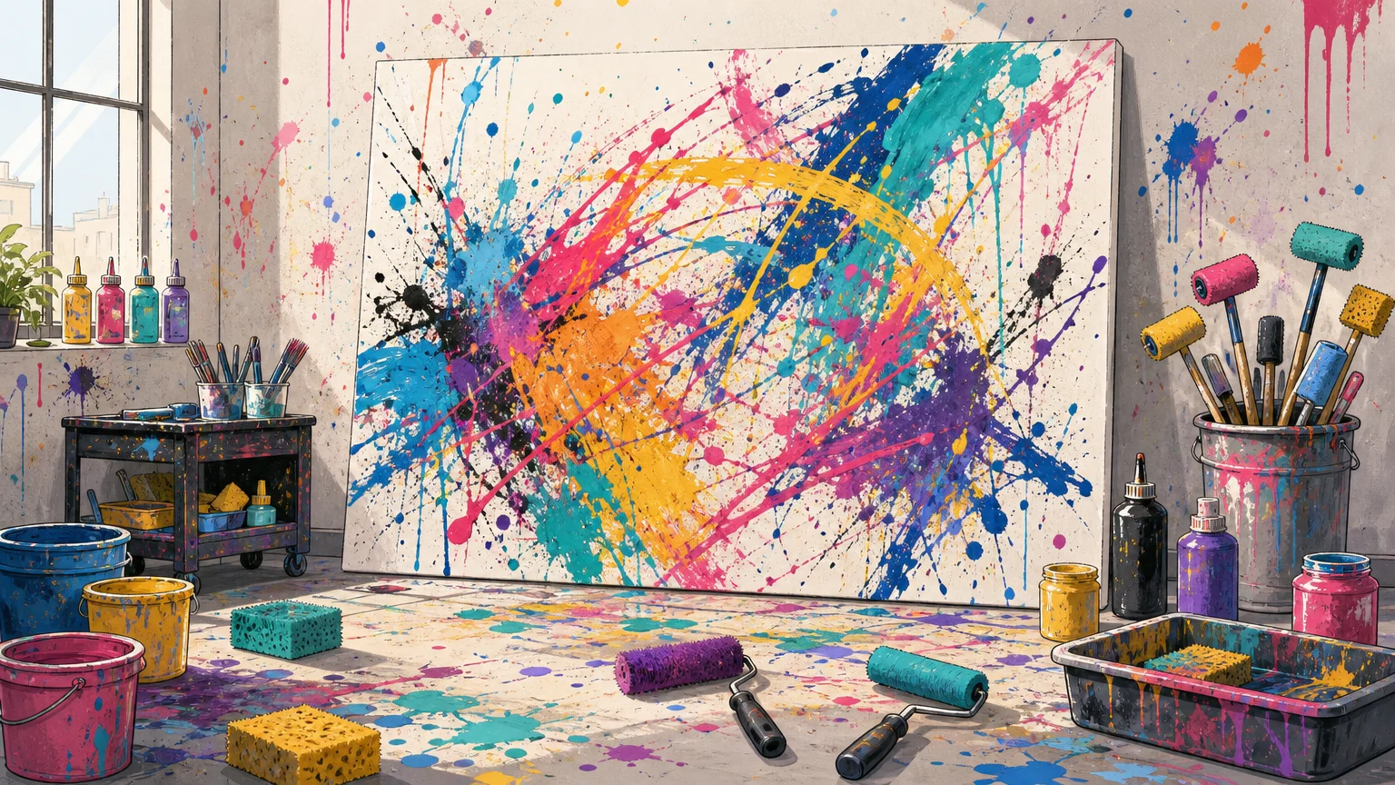 Toile abstraite et outils utilisés pour un atelier action painting