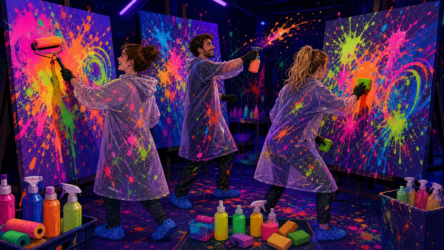 Participants européens créant des toiles fluorescentes pendant un atelier immersif