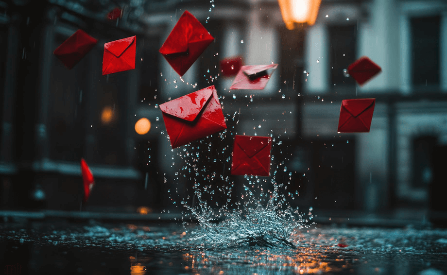 Falling envelopes in the rain — red envelopes splashing into water with droplets and blurred city lights in the background.