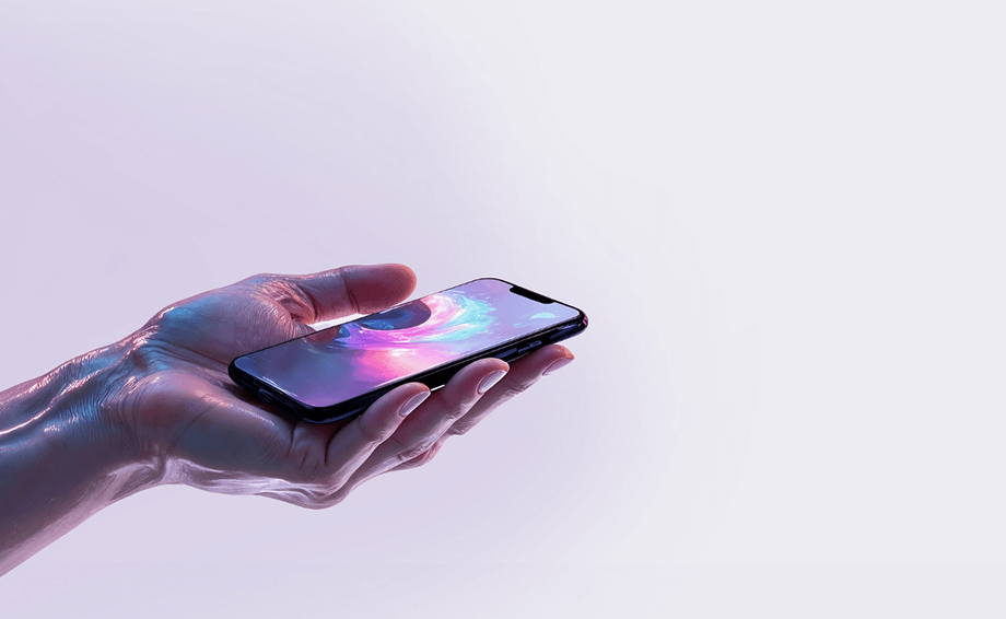 Futuristic hand holding a smartphone — close-up of a hand holding a phone with a glowing, abstract screen.