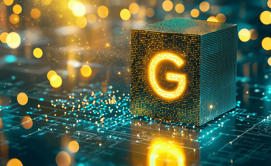 Digital glowing cube with letter G — 3D cube covered in small lights, displaying a bright yellow "G" in a futuristic setting.