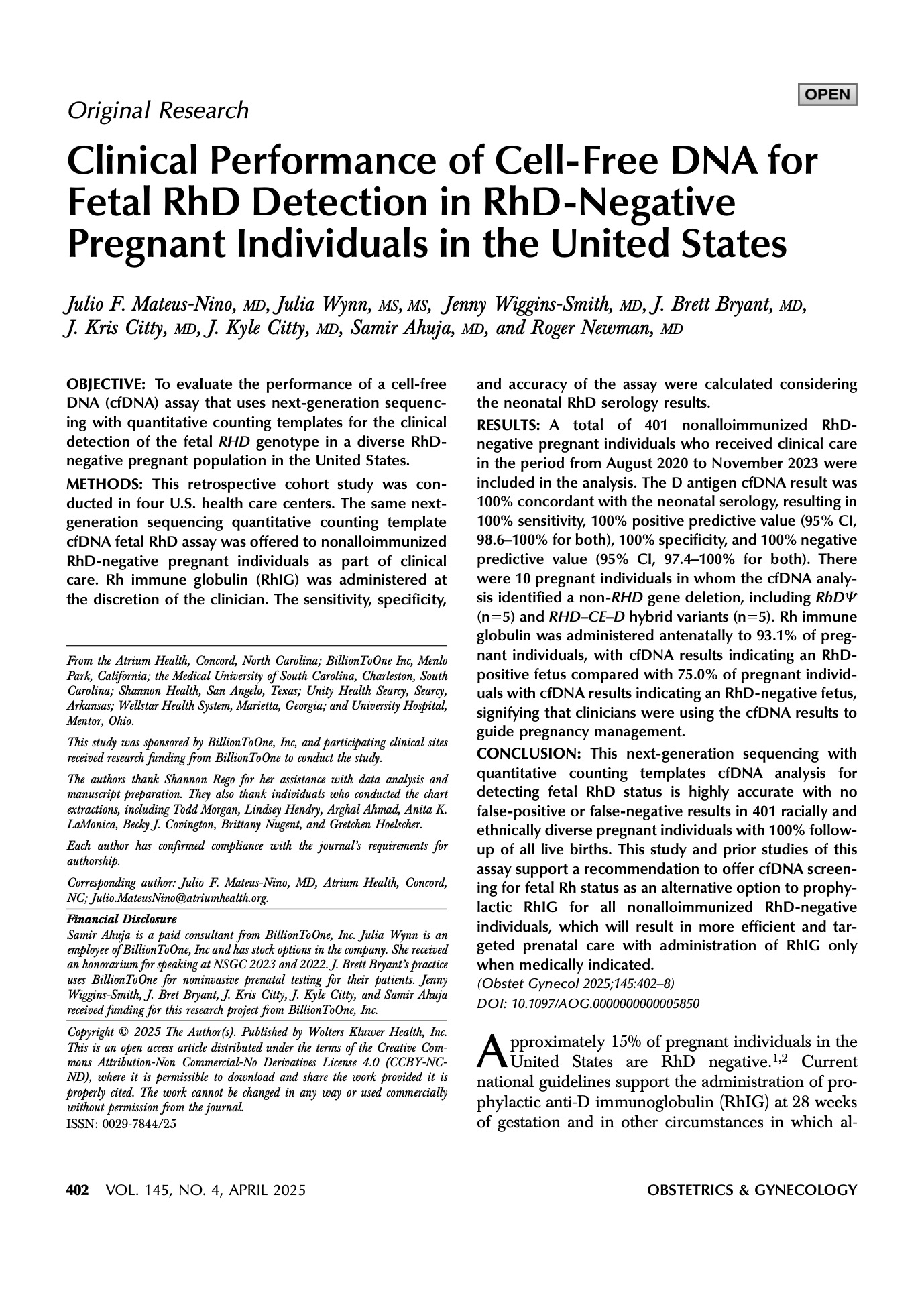 Clinical Performance of Cell-Free DNA for Fetal RhD Detection in RhD-Negative Pregnant Individuals in the United States