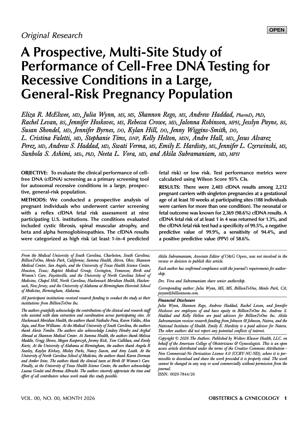 Prospective, Multi-Site Study of Performance of Cell-Free DNA testing for Recessive Conditions in a Large, General-Risk Pregnancy Population