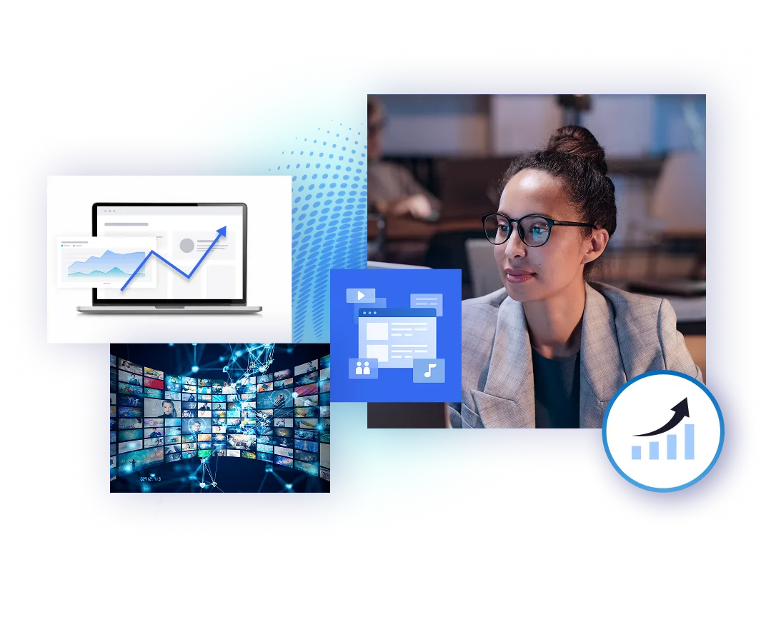 young caribic business leader looking at a screen. in another part of the composition we see positive charts and a wall full of content