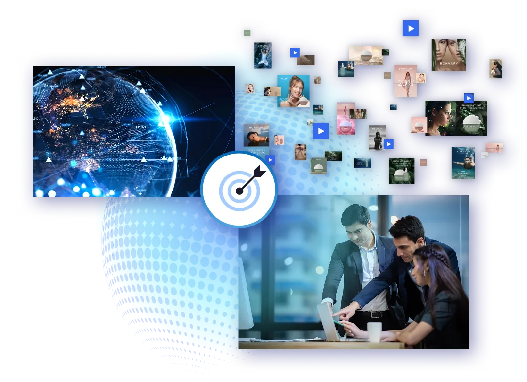 a composition of multiple images. one of them shows business leaders collaborating with each other on some strategic matter. wee see as well many content images in an array. Also the image of a world with some digital touches. On the background we see the image of a grid in a sphere shape.. in the middle a dart coming to the middle.