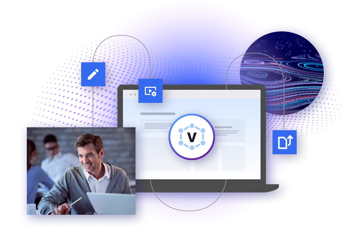 illustration of laptop holding the VARYCON logo. Techy background connecting people, the laptop and a world of bytes and bits
