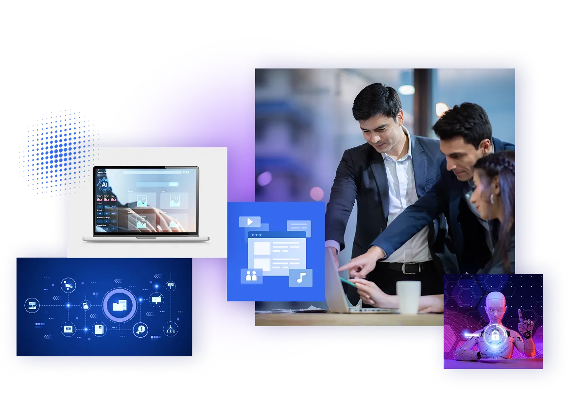 business leaders collaborating on work in front of a laptop. wee see sorrounding images of business related topics, AI, and media production