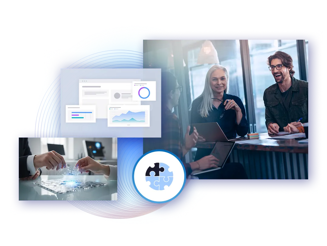 Visual elements include: Three business leaders engaged in seamless project collaboration. A puzzle pattern where pieces fit together cohesively. A graphic displaying favorable business metrics. Two hands strategically manipulating game pieces.