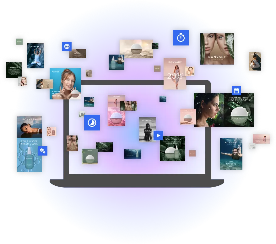 an illustration of a laptop sorrounded by content belonging to the same brand. We recognize brand consistency. also flyering around icons representing a fast time to market(time, calendar, play, star, etc).