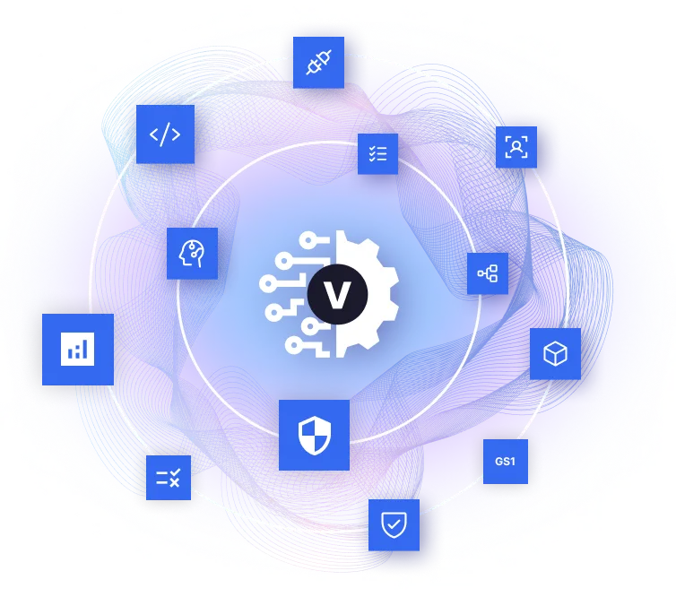 a background with a purple blue grid, kidn of wavy. on top of it we see many icons representing many different types of systems. those icons are on top of concentric circles, representing the sync of those martech systems