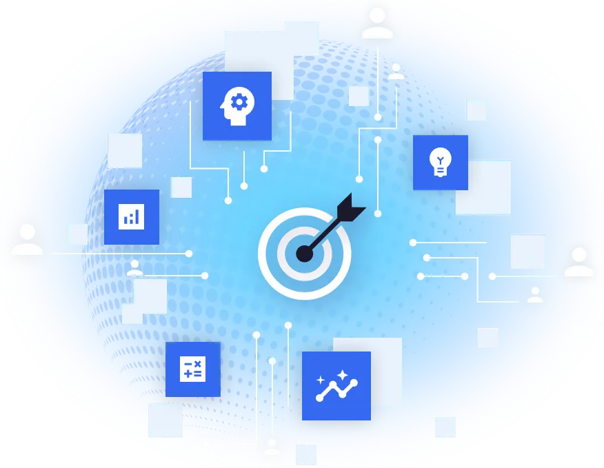 a globe with dots on top of it and icons representing different business systems. in the middle a dart arriving exactly in the middle.
