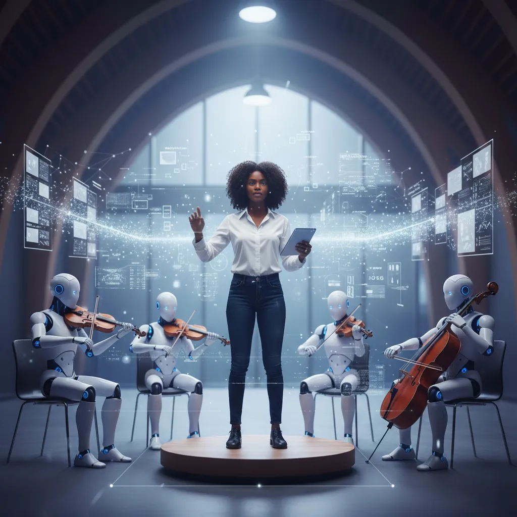 a business leader managing a group of AI agents playing to the rythm of content creation