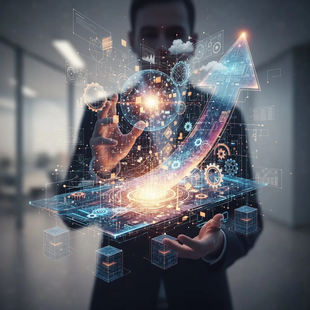 A business leader holding a digital representation of content operations, an arrow pointing upwards signals the scale of the operations that is possible