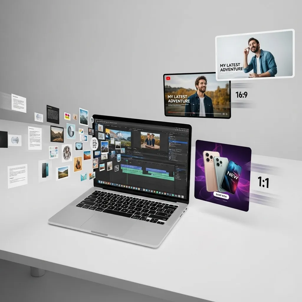 a laptop on an executive's desk, running video editing software. Content seamlessly integrates and final videos are automatically rendered as polished products.