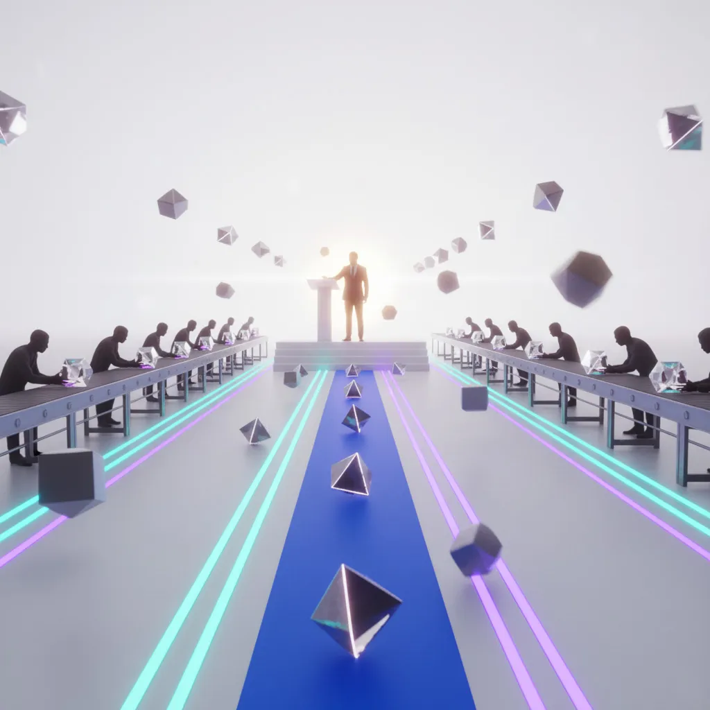 C-Suite Business leader managing the automated production of media. this is symbolized with shadow workers that create this media pieces.