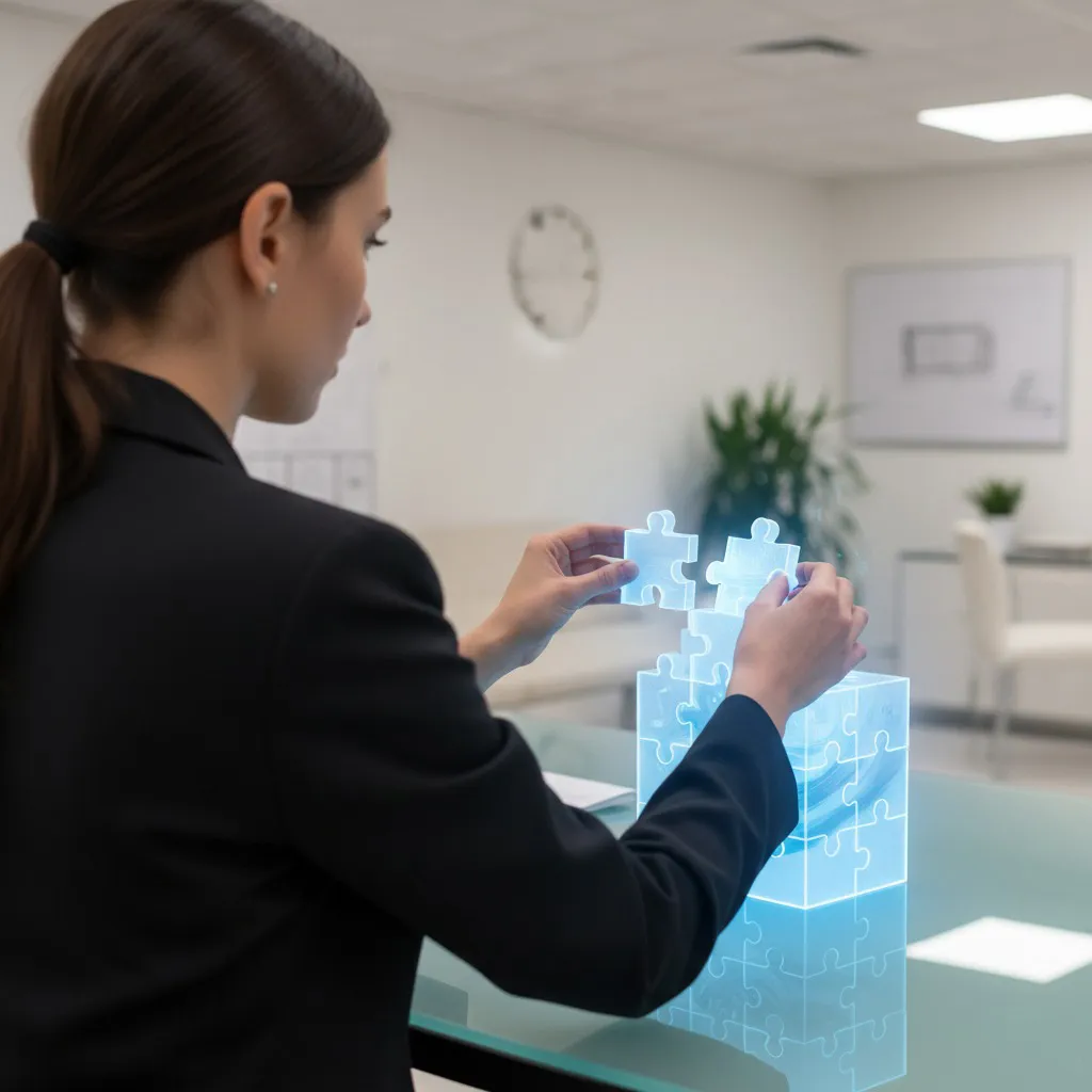 a business leader solving a puzzle. the pieces are lighten up, so that it indicates a modern technology that is being created by her.