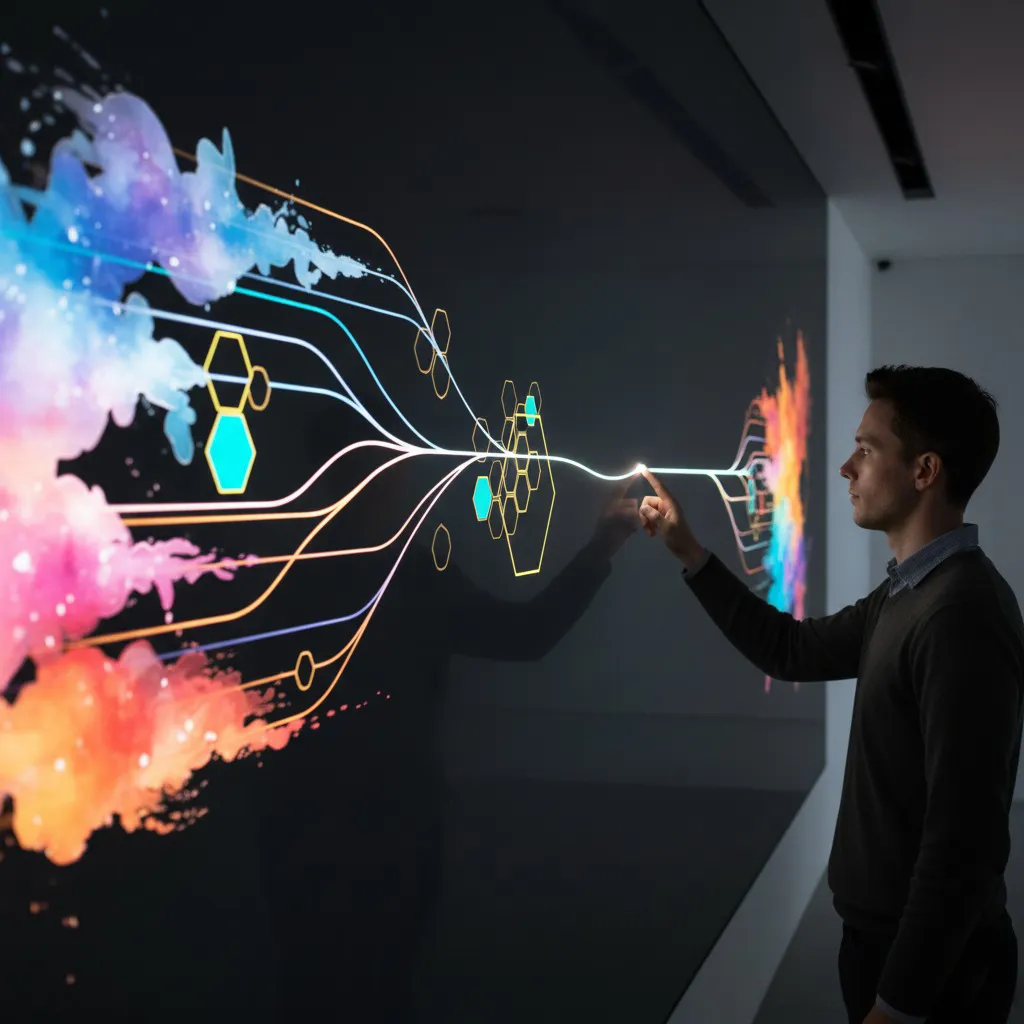 C-level painting a path on a black elegant wall. wee see creative sparks coming as inputs and outputs. ITs an end to end operation